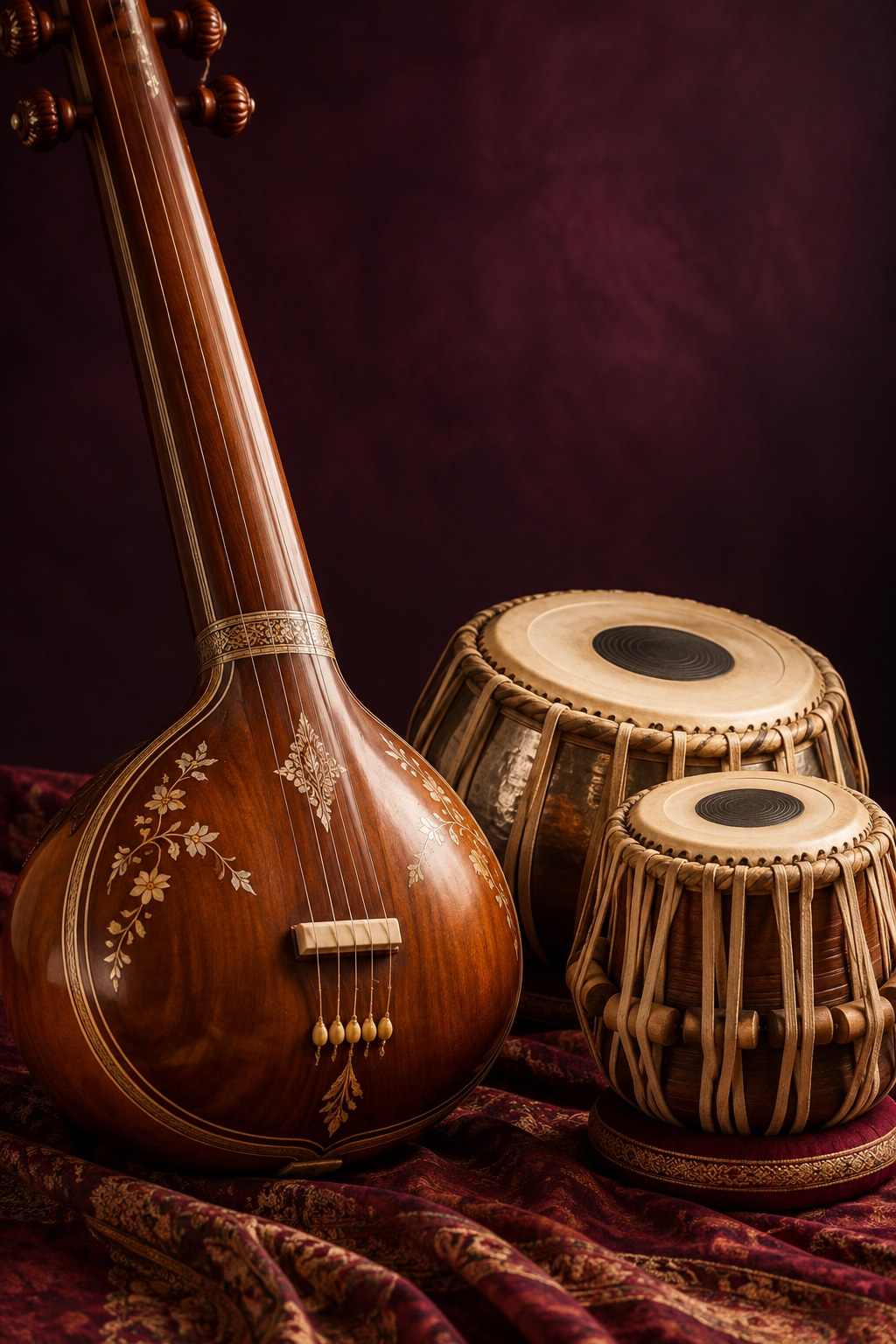 Wooden tanpura and tabla in warm golden light